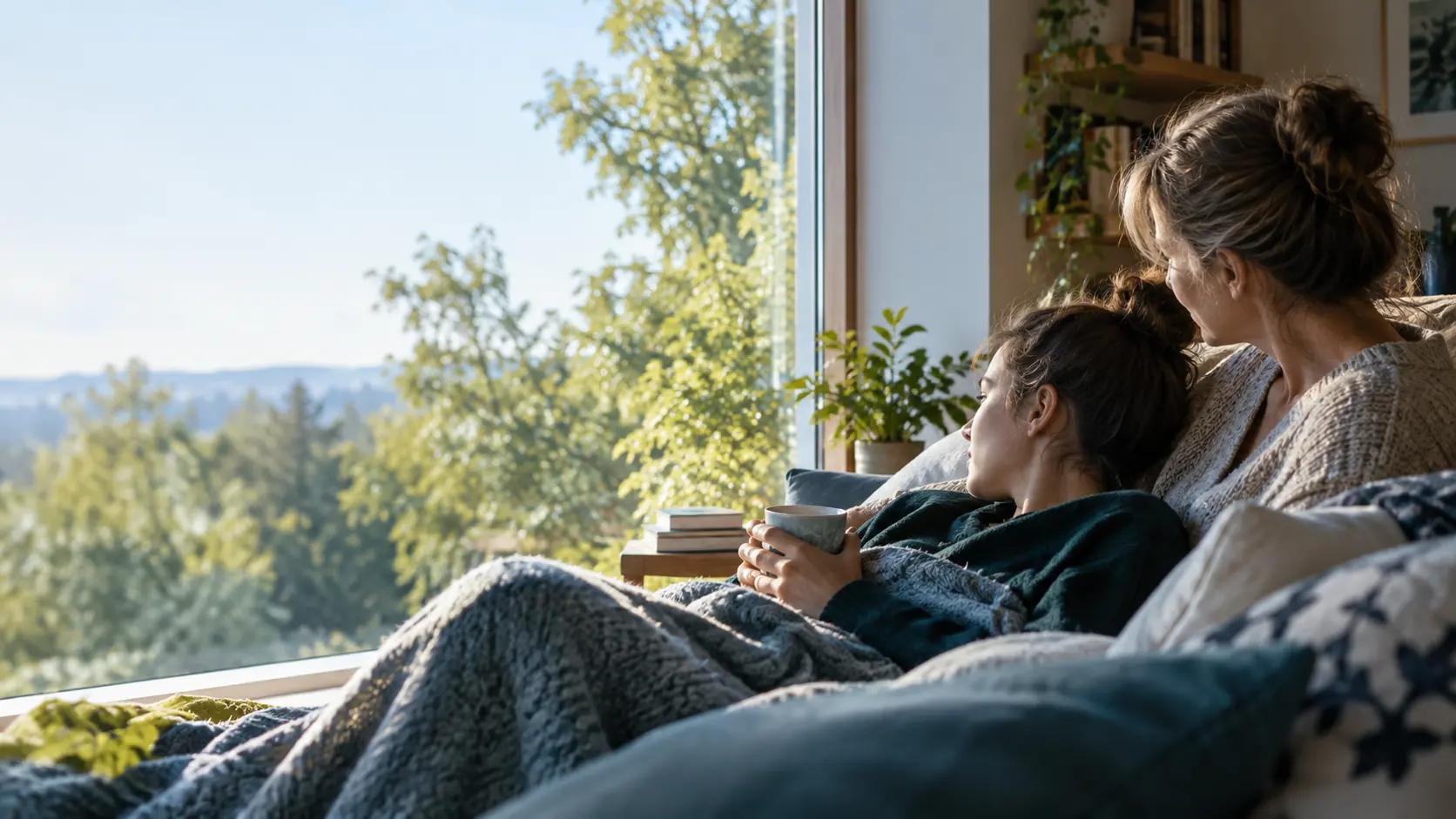 Zwei Menschen sitzen einander zugewandt an einem hellen Fenster.